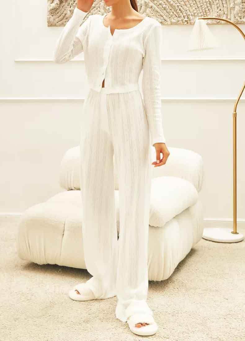 Long Sleeve White Hollow-Out Knitted Pajamas - Stylish & Comfortable Set - Buy Center