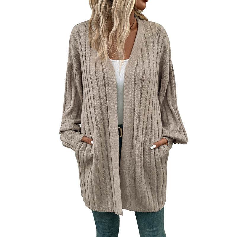 Buycenter Women's Long-Sleeve Cardigan Sweater - Thin Knit Khaki Style - Buy Center