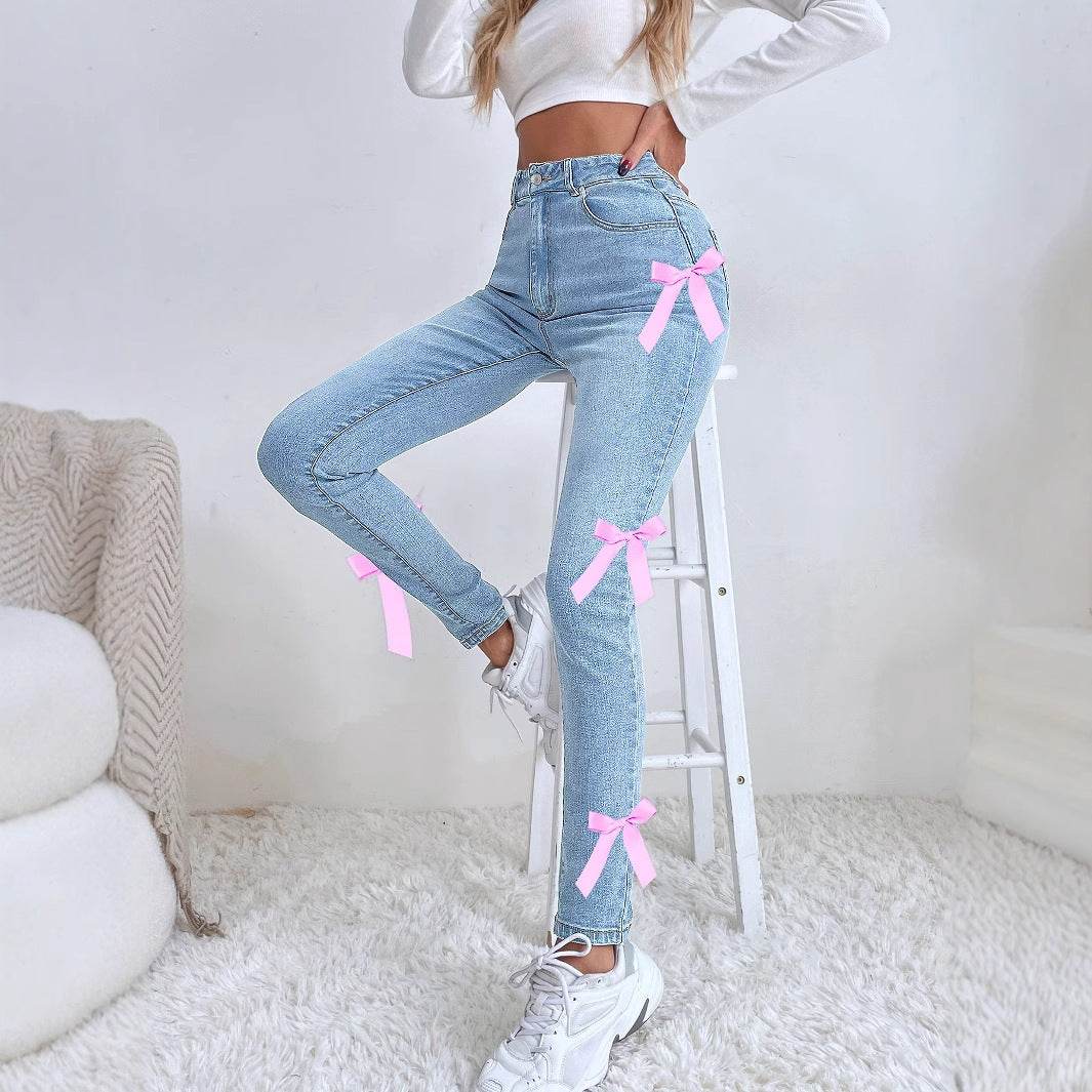 Buycenter Women's Bow Stretch Jeans - Comfortable Denim Leggings in Blue - Buy Center