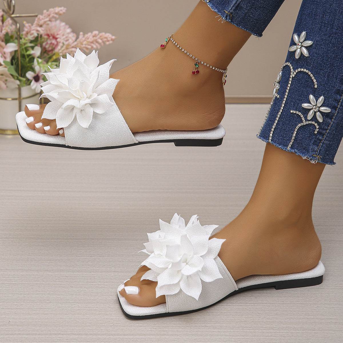 Buycenter Flower Square Head Flat Slippers for Women - Stylish & Comfy - Buy Center