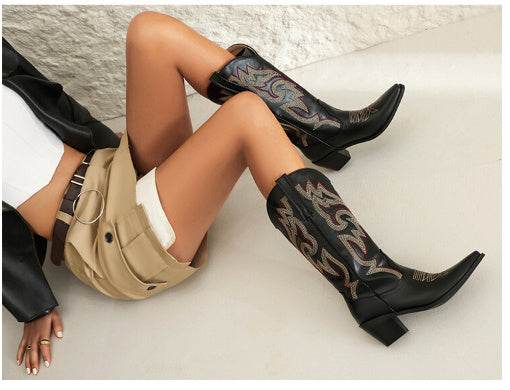 Buycenter Women's Chunky Heel Knight Boots - Embroidered Genuine Leather - Buy Center
