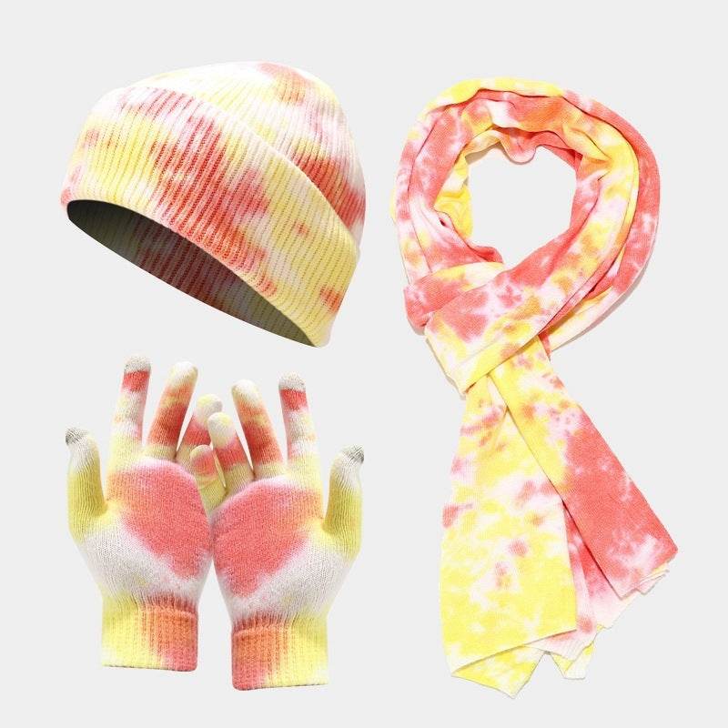 Trendy Tie-Dye Knitted Hat, Gloves & Scarf Set - Colorful Winter Ensemble - Buy Center