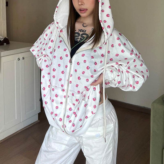 Buycenter Sweet Girlish Rose Printed Hoodie - Cozy Women's Cardigan - Buy Center