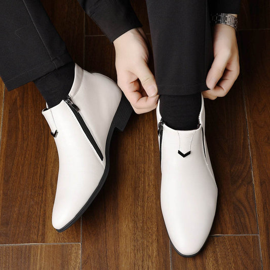 Men's Pointed White Striped Leather Ankle Boots - Side Zipper & Stylish Comfort - Buy Center