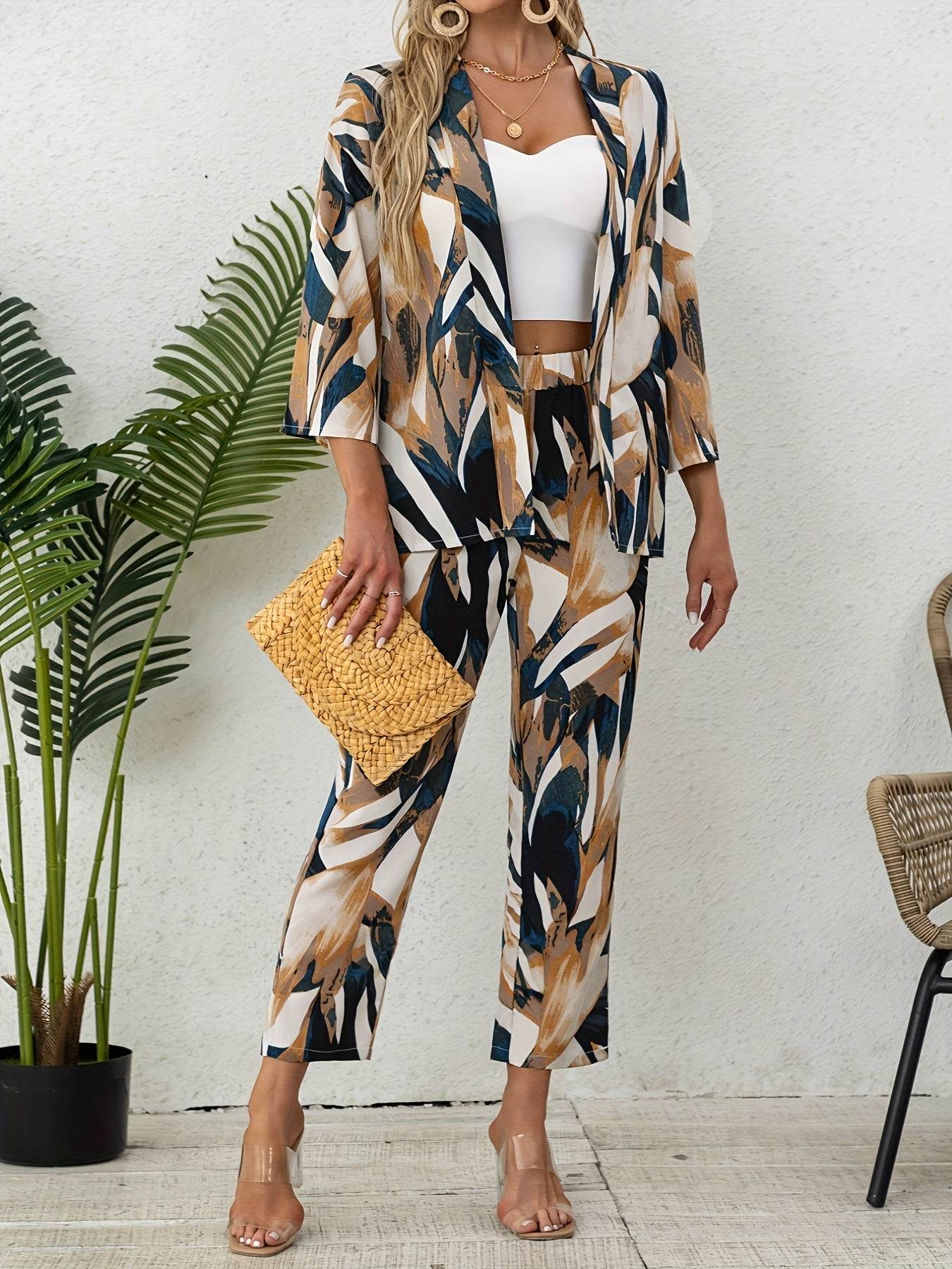 Elegant Leaf Print Two-Piece Set - Chic Blazer & Matching Pants - Buy Center
