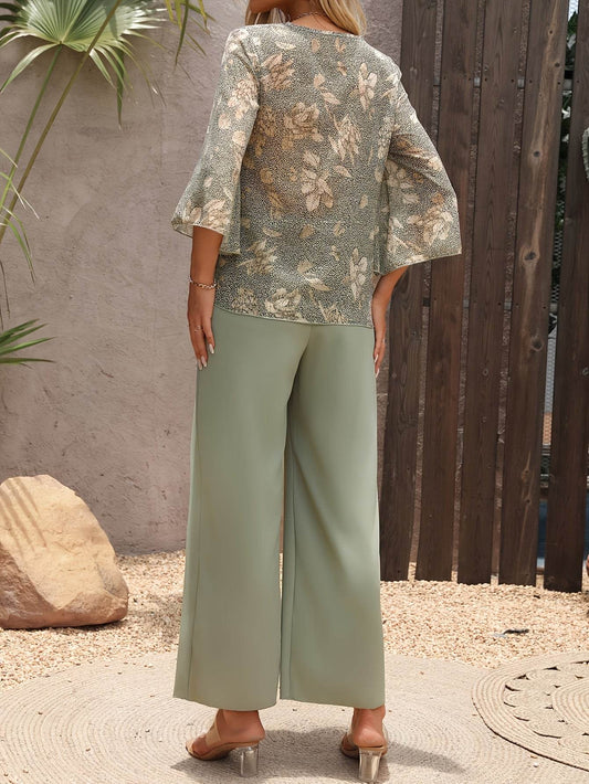 Elegant Two-Piece Women's Suit - Floral Shirt & Pants Set - Buy Center