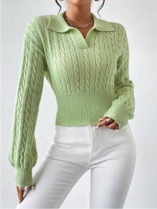 Women's V-Neck Solid Color Sweater - Cozy Loose Fit in Light Green & Black - Buy Center