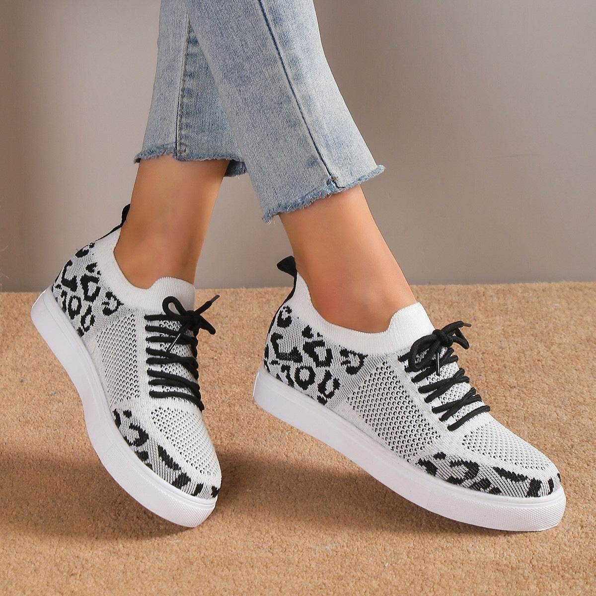 Buycenter Women's Casual Sports Flats - Leopard Print Flyknit Shoes - Buy Center