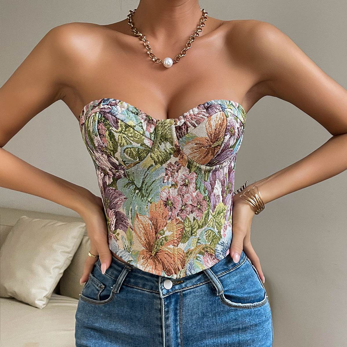 Buycenter Y2K Floral Print Crop Top - Back-tied Design for Women - Buy Center