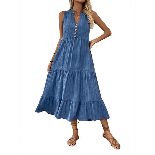Buycenter Sleeveless Pleated Dress - Elegant A-Line in Solid Blue - Buy Center