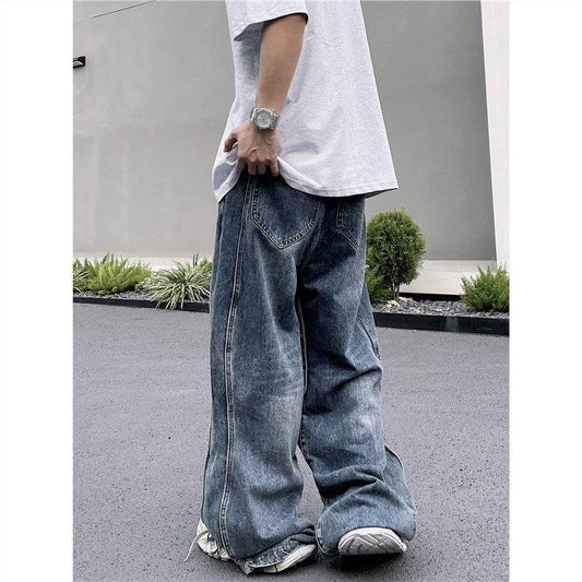 Men's Vintage Wash Wave Jeans - Stylish Blue Leisure Pants in Various Sizes - Buy Center