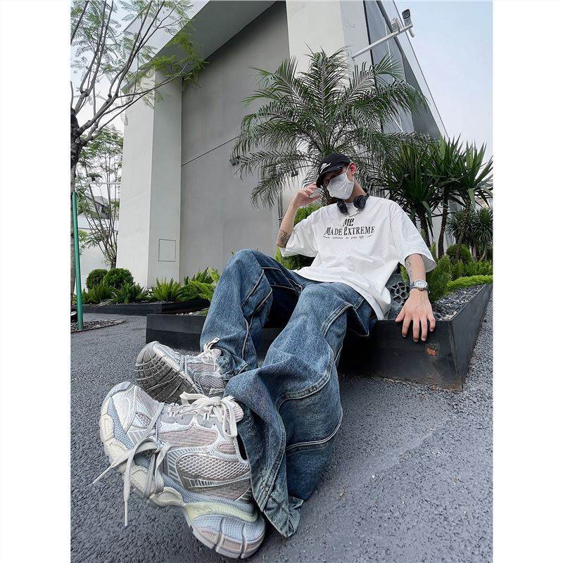 Men's Vintage Wash Wave Jeans - Stylish Blue Leisure Pants in Various Sizes - Buy Center