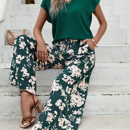 Casual Women's Spring & Summer Pants Set - V Neck & Floral Print - Buy Center