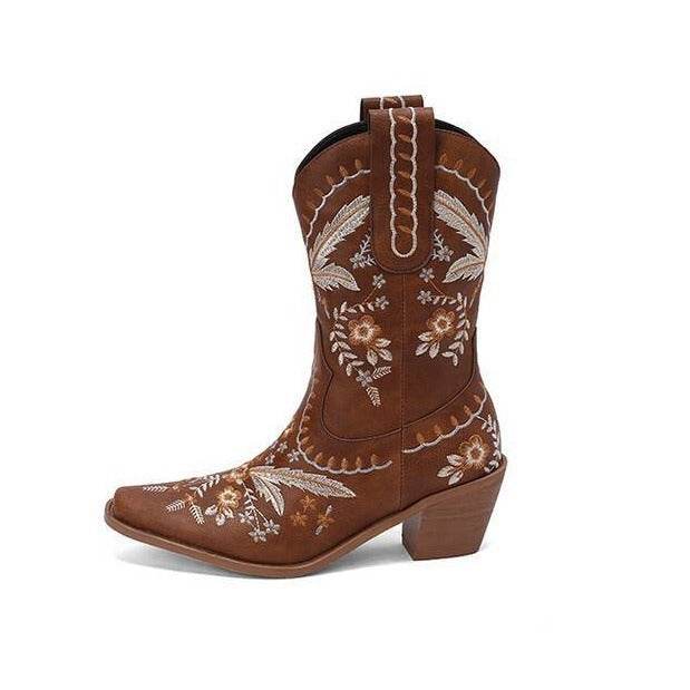 Buycenter Chunky Heel Cowboy Boots - Embroidered Knee-high Woman's Footwear - Buy Center