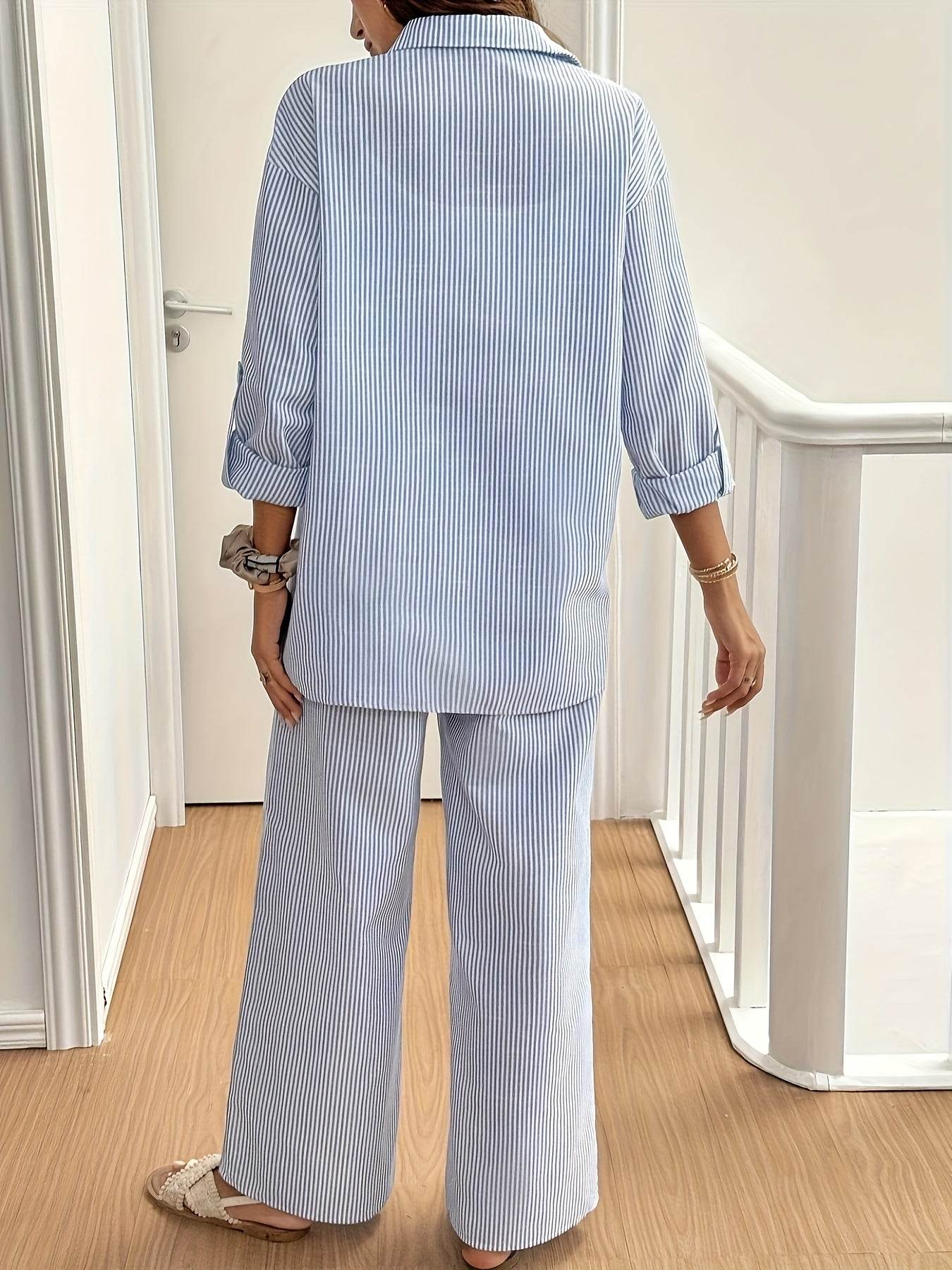 Women's Casual Striped Shirt and Pants Set - Elegant 2pcs Outfit - Buy Center