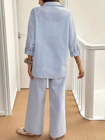 Women's Casual Striped Shirt and Pants Set - Elegant 2pcs Outfit - Buy Center