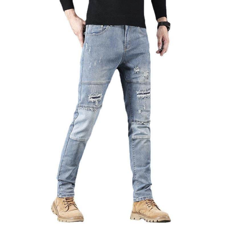 High-End Blue Holes Jeans for Men - Straight Leg Design, Micro Elasticity - Buy Center