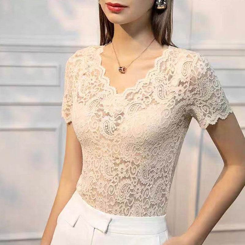 Ladies V-Neck Hollow Lace Short Sleeve Shirt - Slim Fit & Stylish Accents - Buy Center