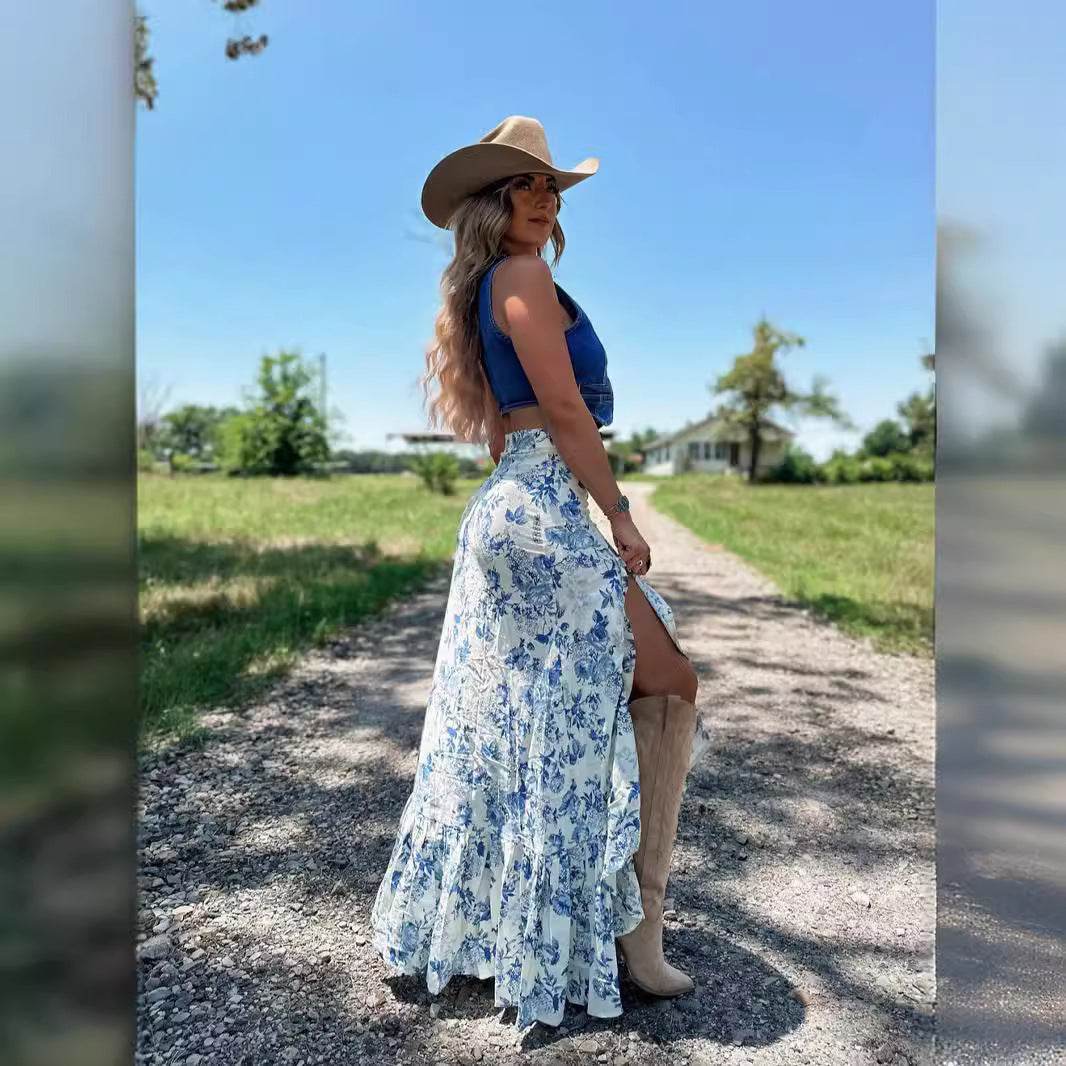 Buycenter Floral Print A-Line Skirt - Long Hem for Vacation Style - Buy Center