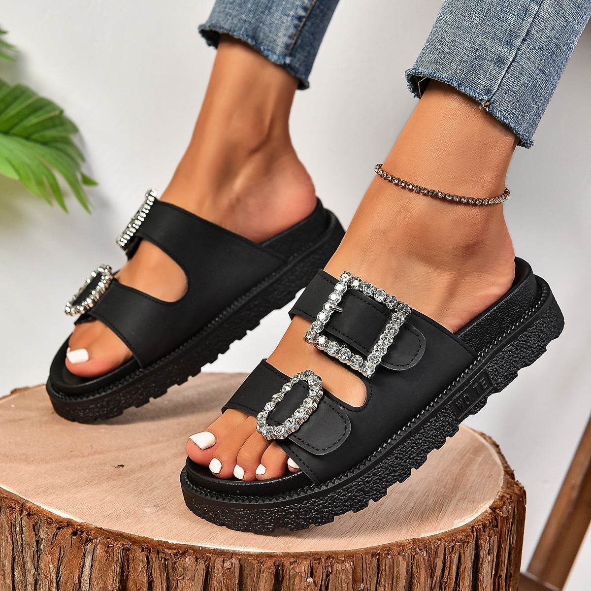 Fashion Rhinestone Belt Buckle Platform Sandals - Stylish Women’s Slippers - Buy Center