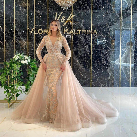 Elegant French Long-Sleeved Wedding Dress - V-Neck, Dramatic Tail - Buy Center