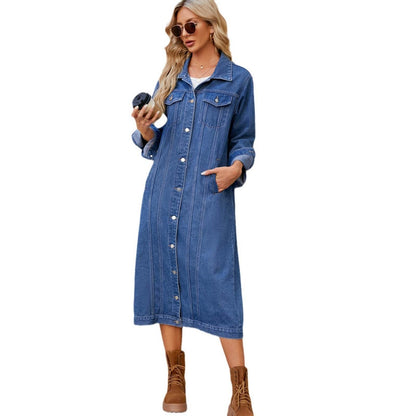 Buycenter Women’s Long Denim Trench Coat - Stylish Blue Cardigan - Buy Center