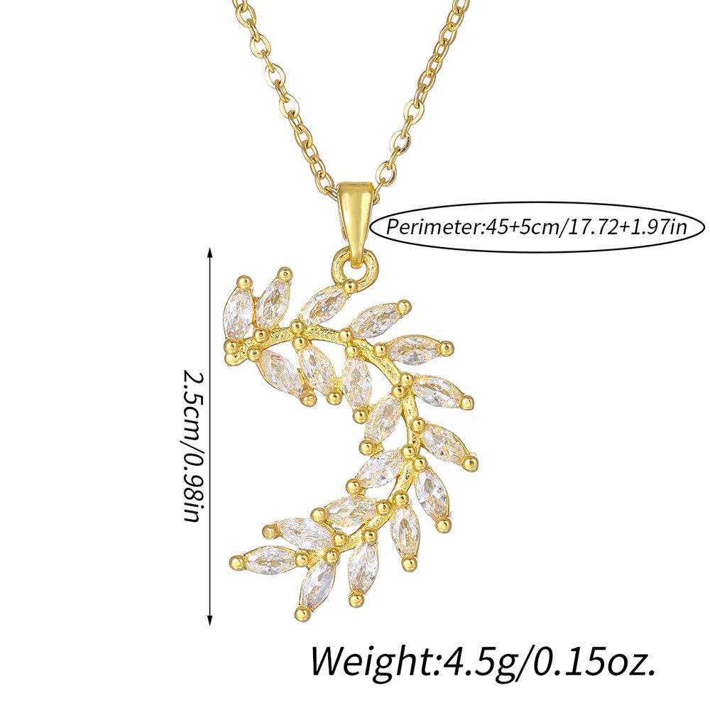 Sparkling Zircon Leaf Pendant Necklace - Gold Wheat Design for Women - Buy Center
