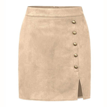 Buycenter Women's Suede High Waist Skirt - A-Line with Metal Buckle - Buy Center