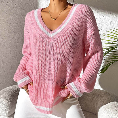 Buycenter Women's V-neck Color Block Sweater - Casual Pullover Style - Buy Center