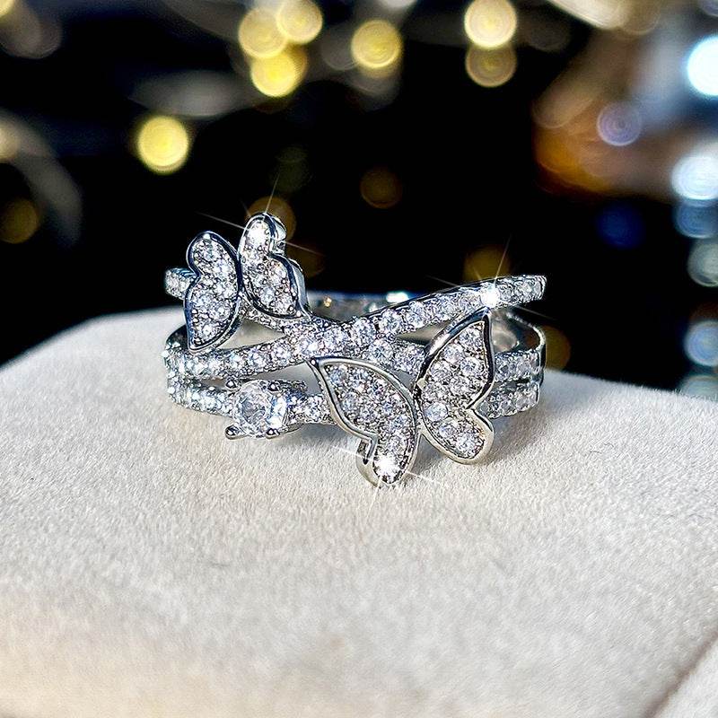 Butterfly Multi-Layer Design Ring - Elegant White Gold with Zircon Inlays - Buy Center