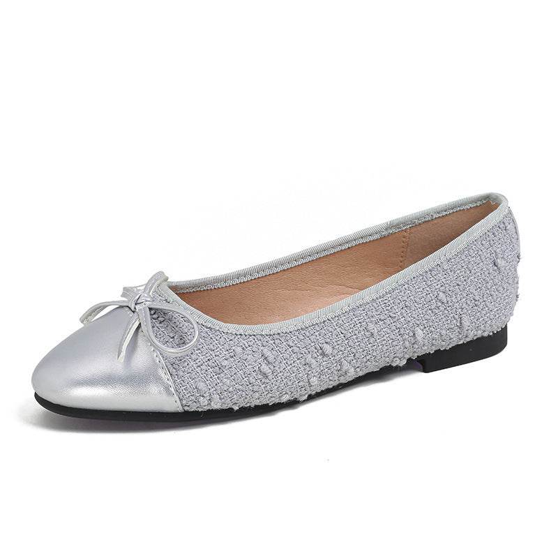 Women's Low-Cut Bow Pumps - Stylish Cloud Gray Flat Bottom Shoes - Buy Center