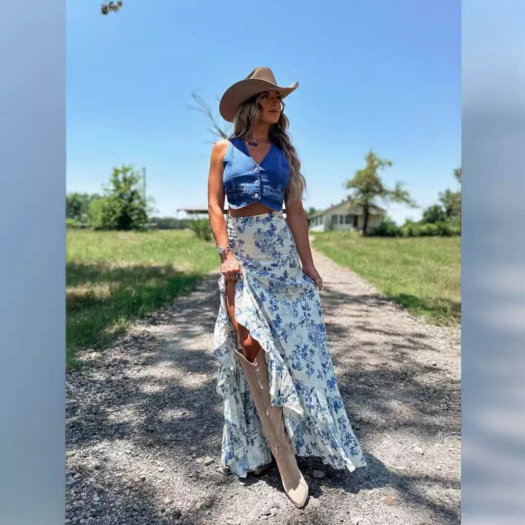 Buycenter Floral Print A-Line Skirt - Long Hem for Vacation Style - Buy Center