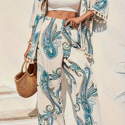 YY0208118 Women's Peacock Print Kimono & Loose Pants Set - Elegant Style - Buy Center