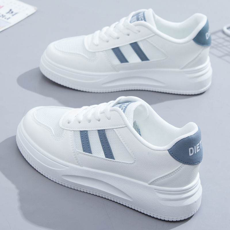 Stylish Women's Casual Sports Sneakers - Low Top White & Blue Leather - Buy Center