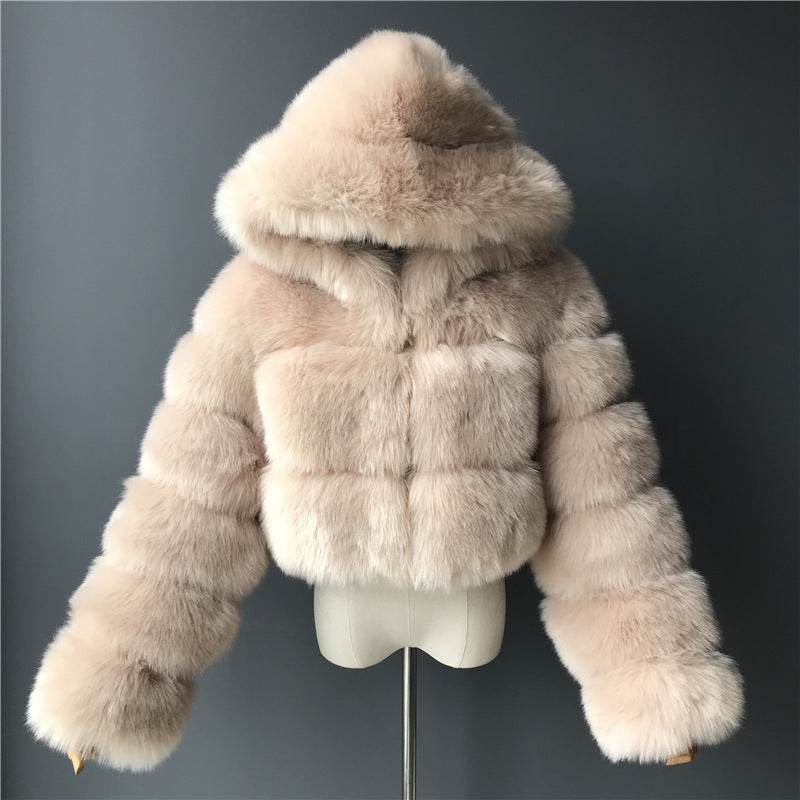 Trendy Short Hood Fox Fur Women's Coat - Stylish Faux Fur & Leather - Buy Center