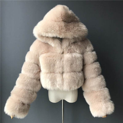Trendy Short Hood Fox Fur Women's Coat - Stylish Faux Fur & Leather - Buy Center