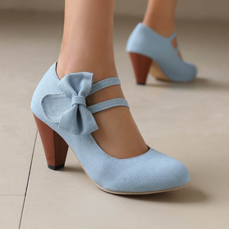 Buycenter Round Toe High Heels Pumps - Stylish Denim Bow Design - Buy Center