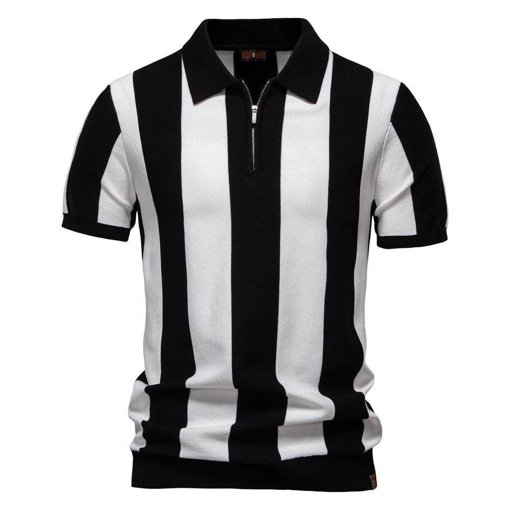 Men's Lapel Short-Sleeved Woolen Polo Shirt - Stylish Striped Design - Buy Center