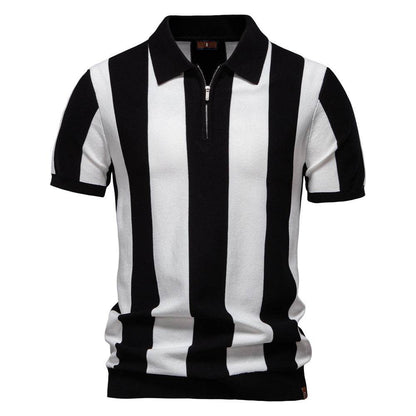 Men's Lapel Short-Sleeved Woolen Polo Shirt - Stylish Striped Design - Buy Center