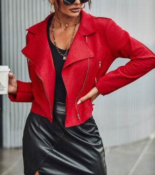 Chic Red Suede Motorcycle Jacket - Trendy Women's Fashion 2025 - Buy Center