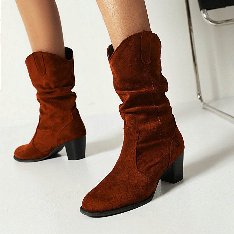 Buycenter Chunky Heel High Boots - Stylish Suede Mid-Calf for Women - Buy Center
