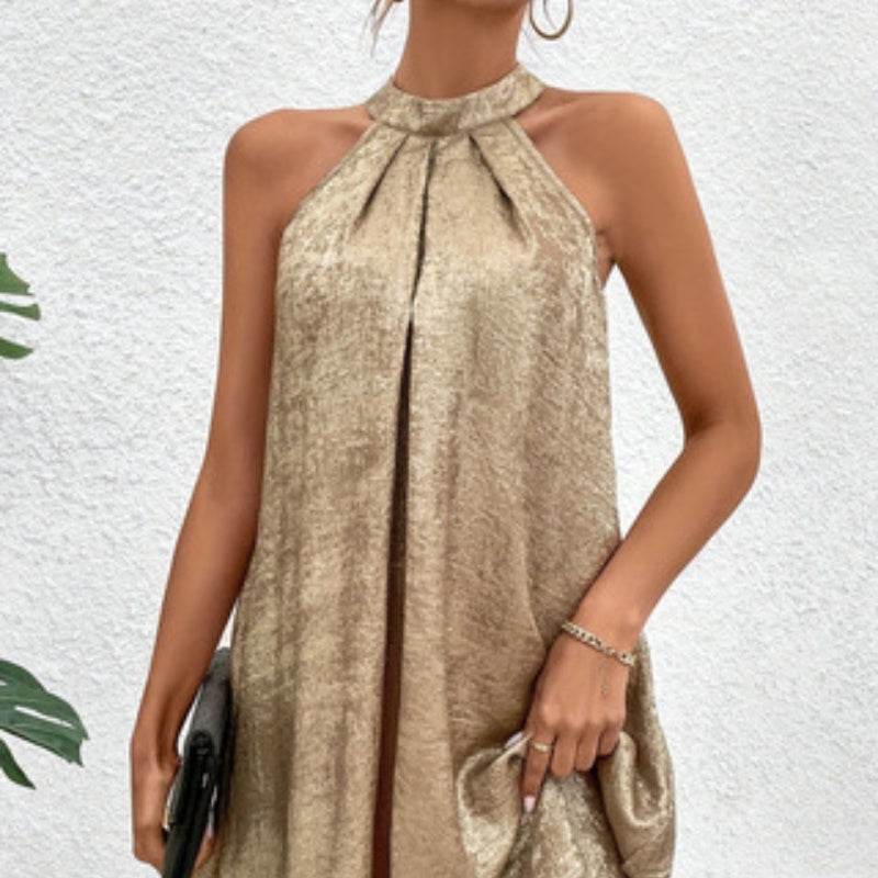 Buycenter Women's Halter Dress - Sexy Gold Sleeveless Fashion Style - Buy Center