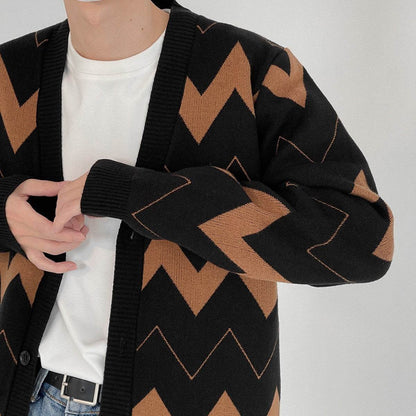 Buycenter Men's Wave Pattern Cardigan Sweater - Youth Pop Style - Buy Center