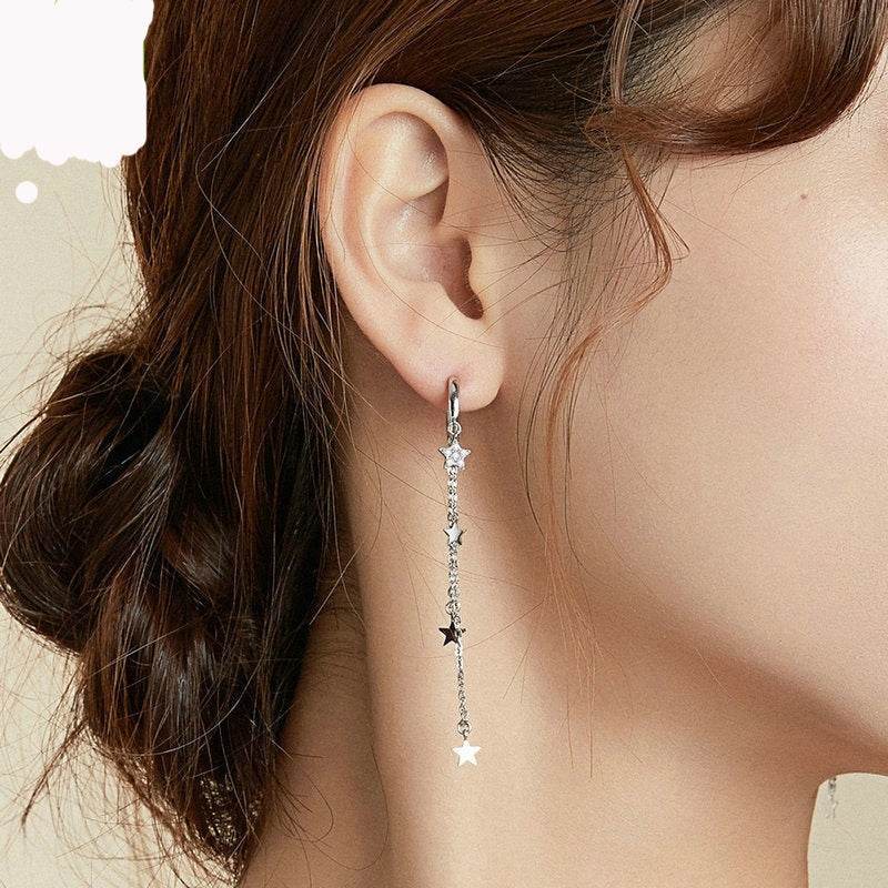 BuyCenter S925 Sterling Silver Star Moon Tassel Earrings - Elegant Design - Buy Center