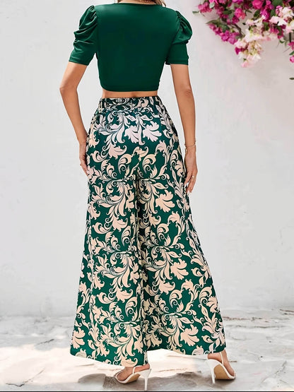 Women's Short Sleeve Top & Floral Pants Set - Elegant Spring Style - Buy Center