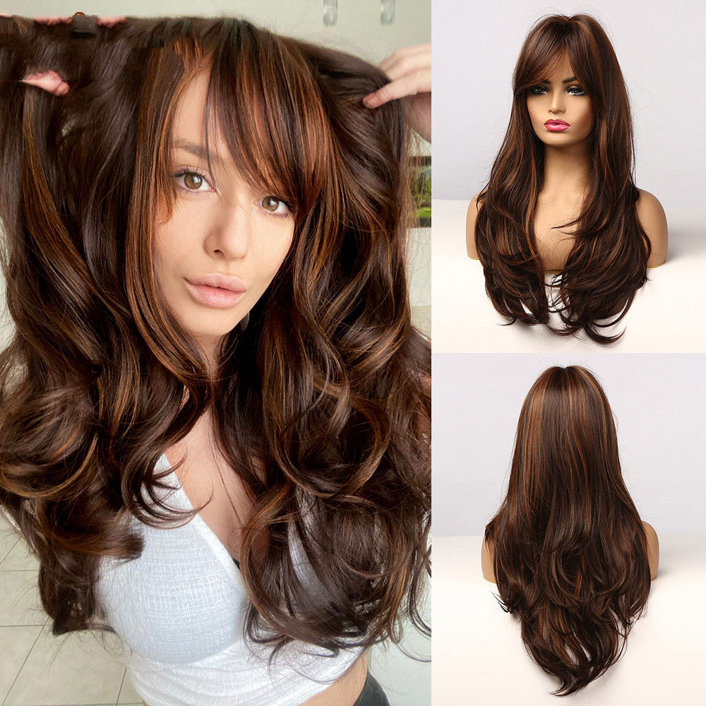 Net Red Wind Dark Brown Wig - 22" Modern Style with Bangs - Buy Center