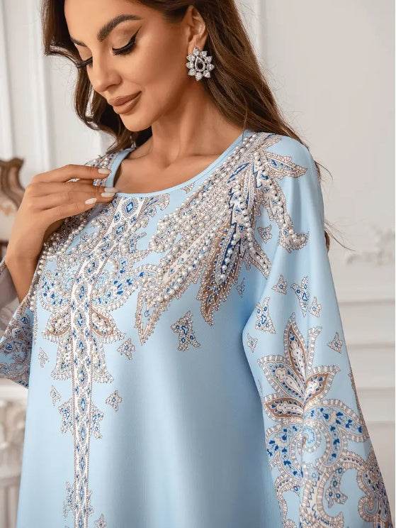 Buycenter Elegant Floral Print Abaya Dress - Long Sleeve, Micro Elastic - Buy Center