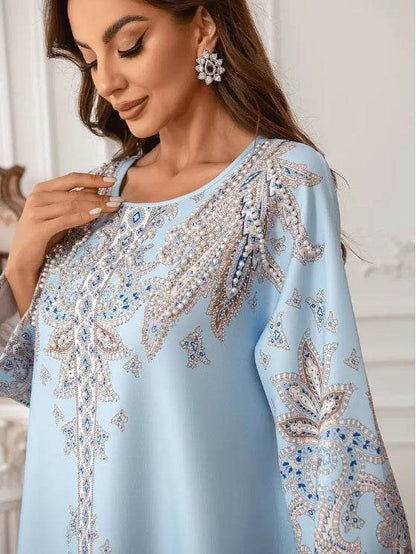 Buycenter Elegant Floral Print Abaya Dress - Long Sleeve, Micro Elastic - Buy Center