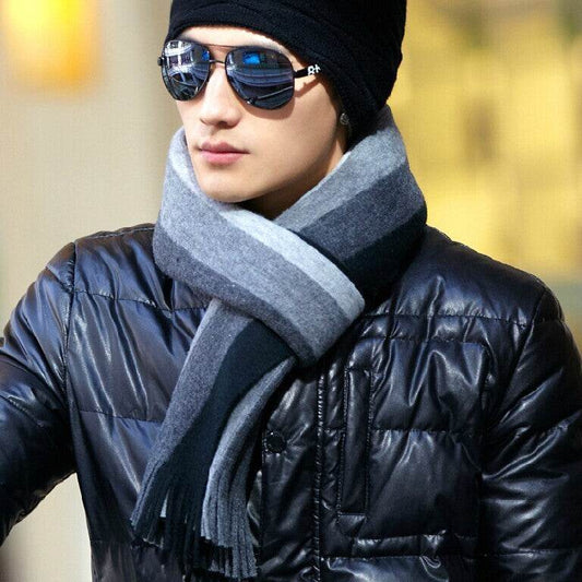 Men's Casual Striped Scarf - Warm Imitation Cashmere, Black Grey Style - Buy Center