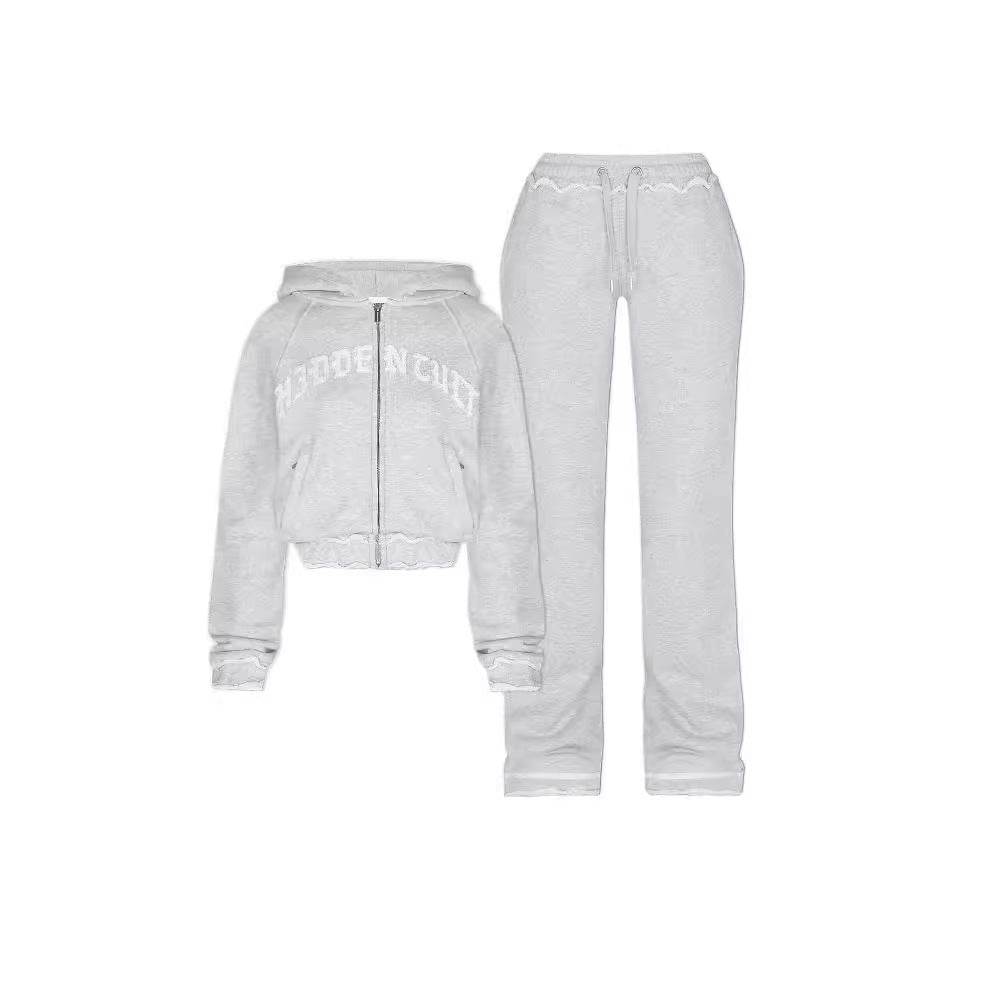 Buycenter Casual Cropped Hoodie Trousers Suit - Light Gray Street Style - Buy Center